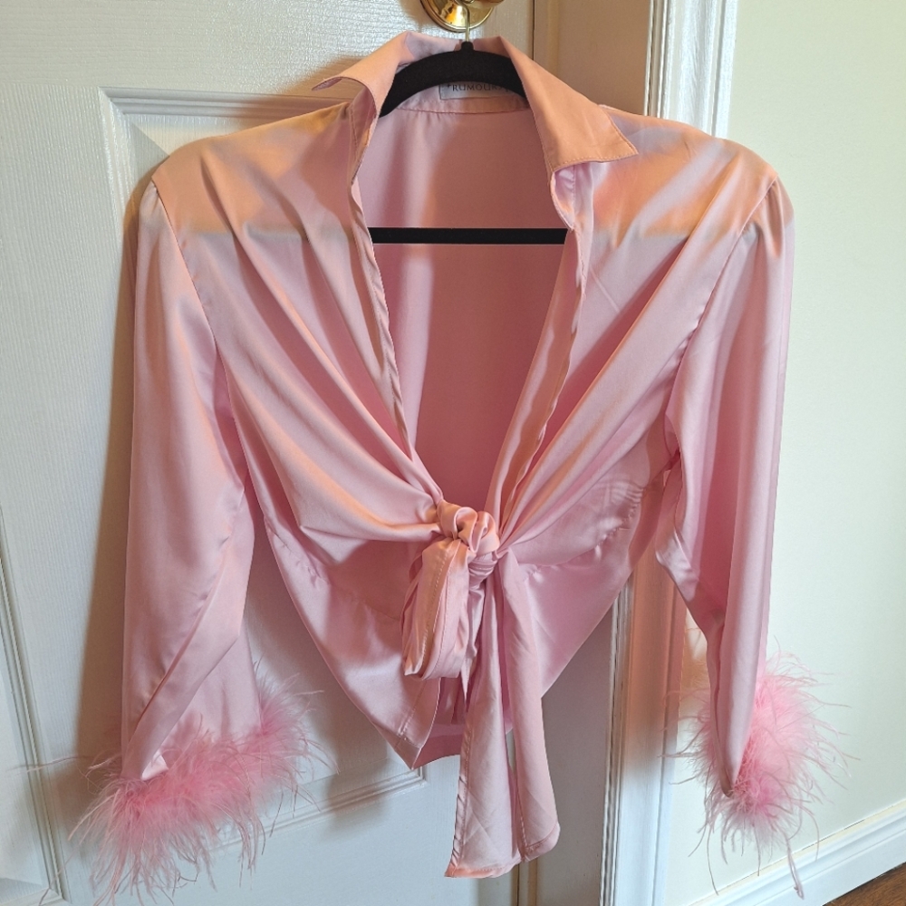 ShopRumors pink silk like top with feather cuffs